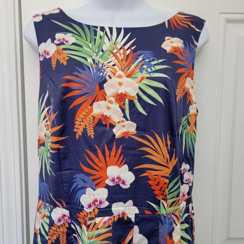 Talbots Tropical Print Sleeveless Lined A Line Dress Blue Orange Pleated Size 8 - Picture 5 of 15